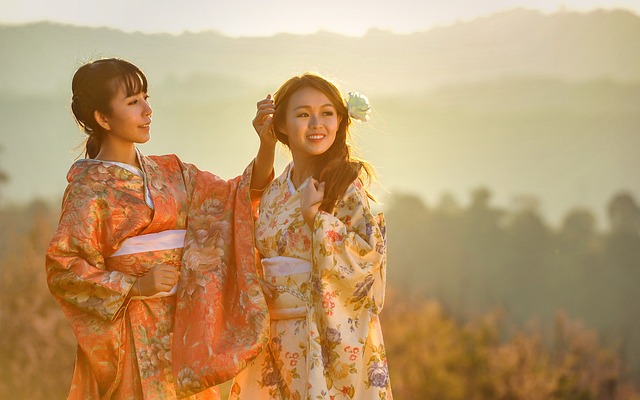 A person wearing a detailed kimono